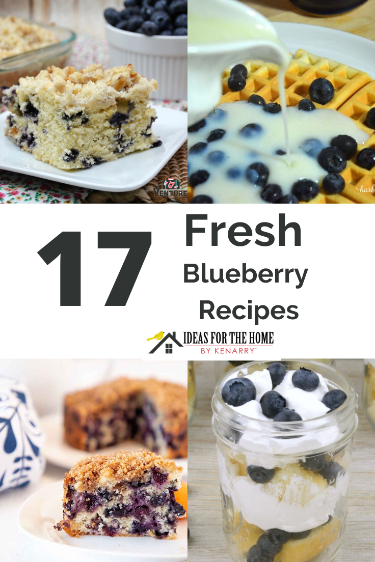 Collage of fresh blueberry recipes including coffee cake, waffles, cake, and a parfait.
