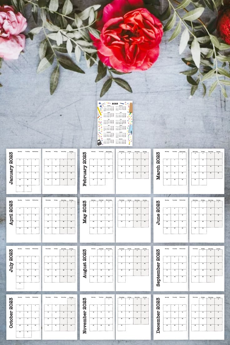 Preview of all the pages included in printable calendar download on a grey stone background with pink and red flowers on top border with green foilage.