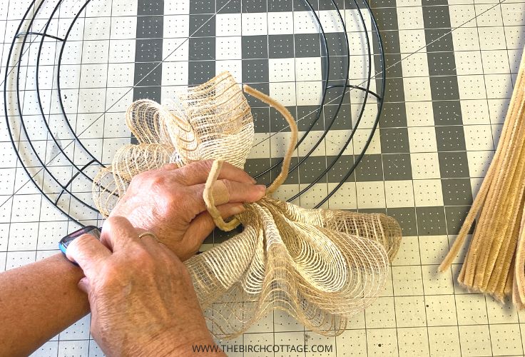 Attaching gathered deco mesh to the wire form