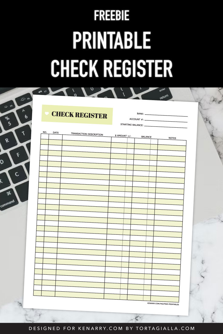 Preview of printable pdf of check register log on top of laptop keyboard on marble surface. 