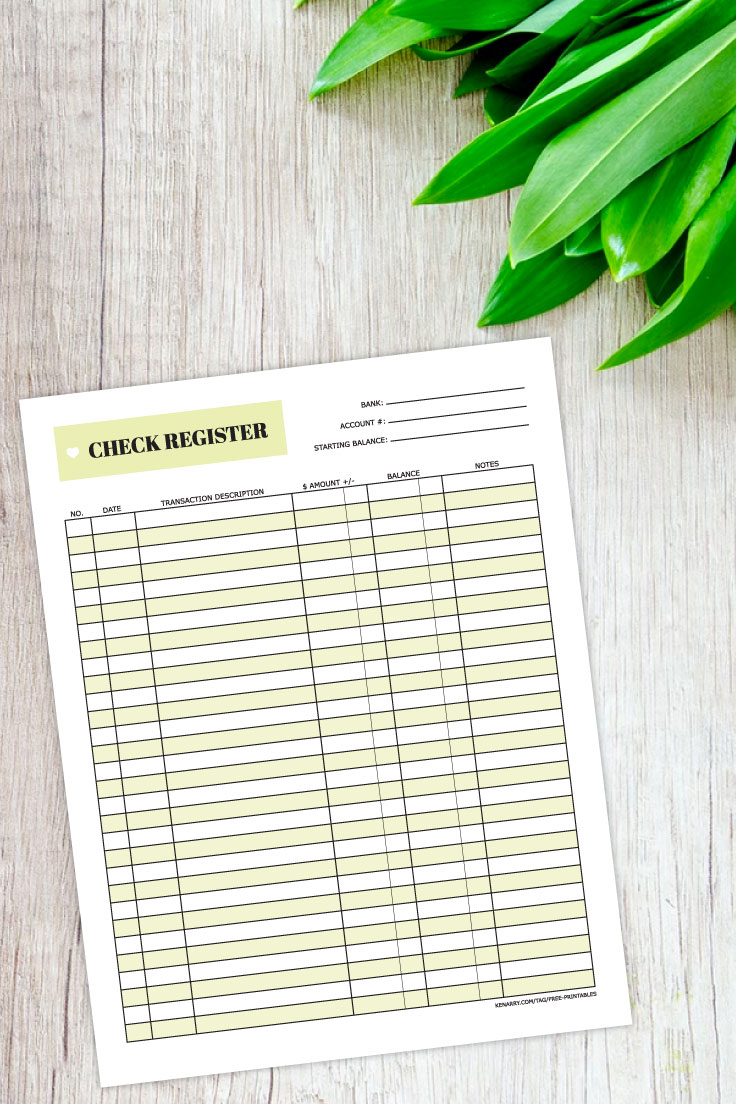 Preview of check register PDF on wooden table with green leaves in top right corner. 