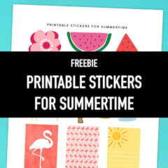 Preview of printable sticker sheet with pink scissors on top.
