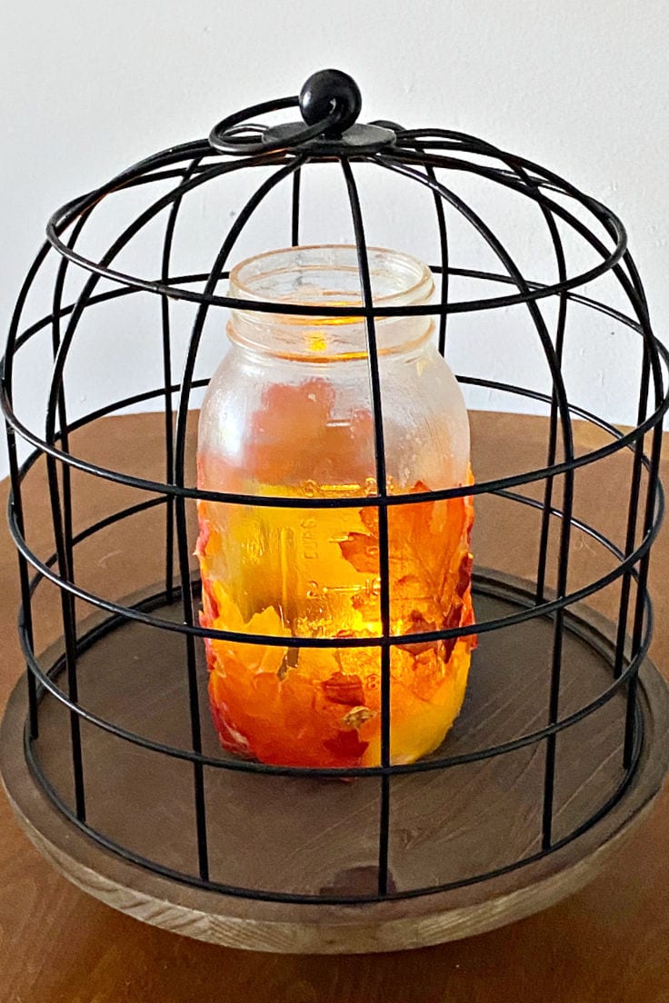 finished mason jar leaf lantern in birdcage