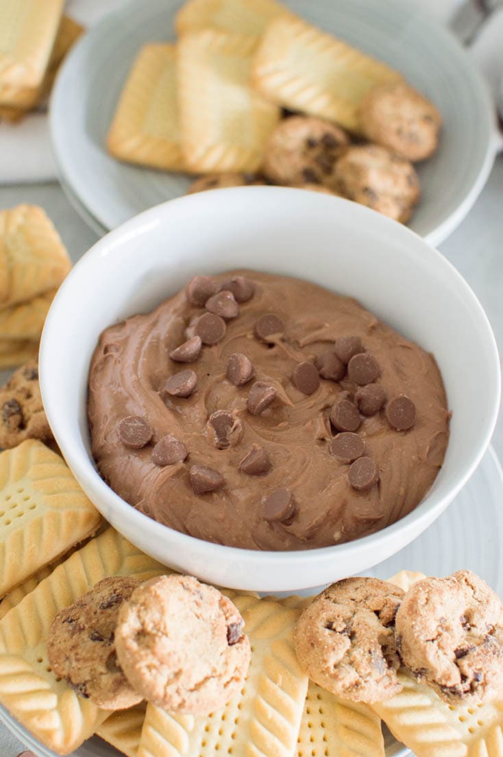 A closeup of Nutella cookie dip in a white bowl, sprinkled with a generous amount of chocolate chips