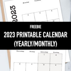 Preview of printable calendar monrthly pages on top of white desk with clipboard.