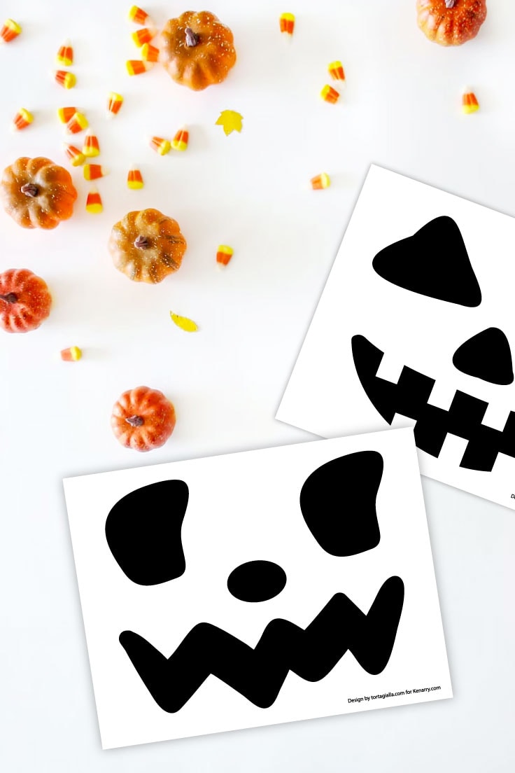 Preview of printable jack o'lantern face templates on white background with mini pumpkins and candy corn in the upper left corner. 