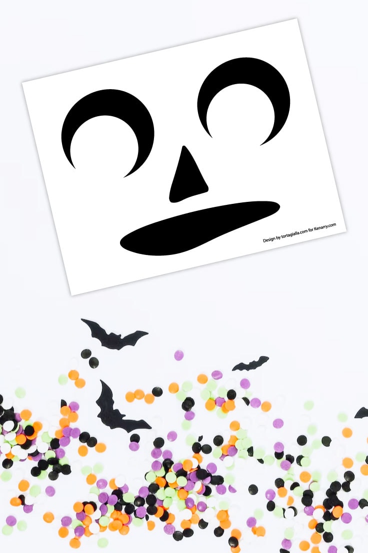 Preview of a jack o'lantern face template printable on white background with bat silhouette and circle confetti on the bottom. 