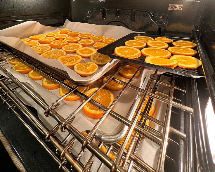 Oranges drying in the oven 