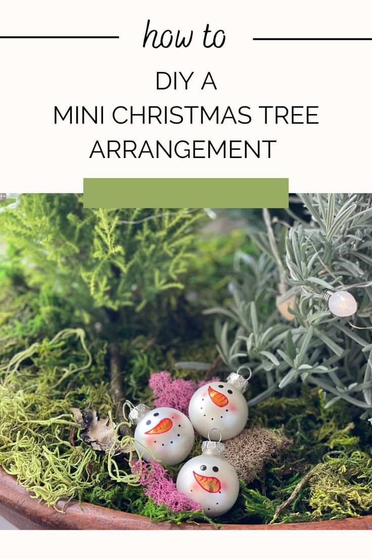 Close up of tiny snowman ornaments in a mini Christmas tree arrangement.