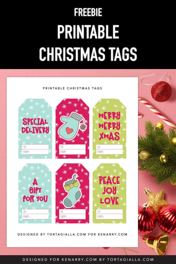 Preview of Christmas tag pdf download on top of pink background with various Christmas ornaments and decorations on the right side.