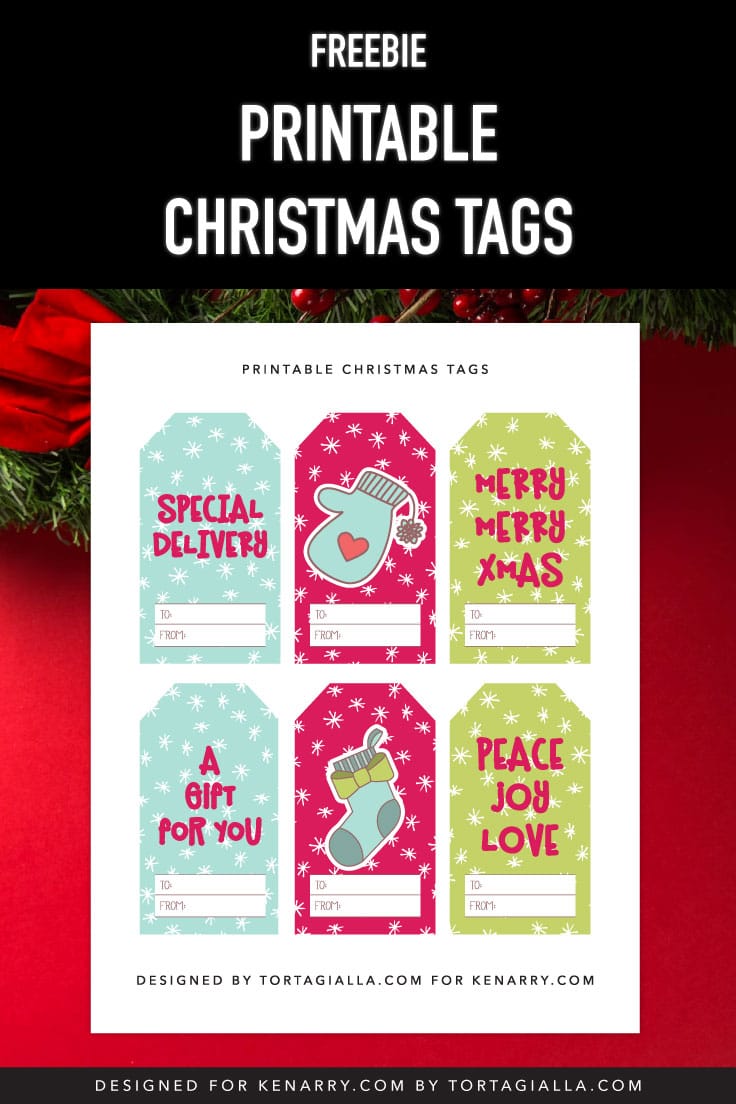 Preview of Christmas tag pdf download on top of a red background with evergreen leaves and red ribbon visible on top portion.