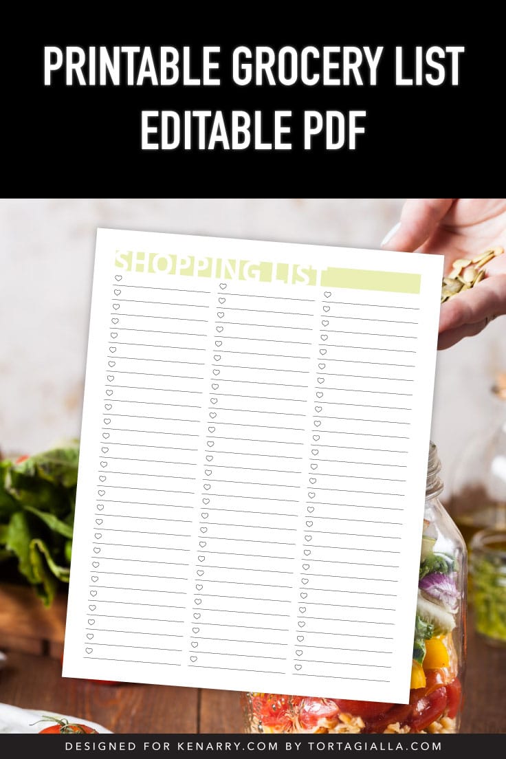 Preview of printable grocery list on top of kitchen food background image.