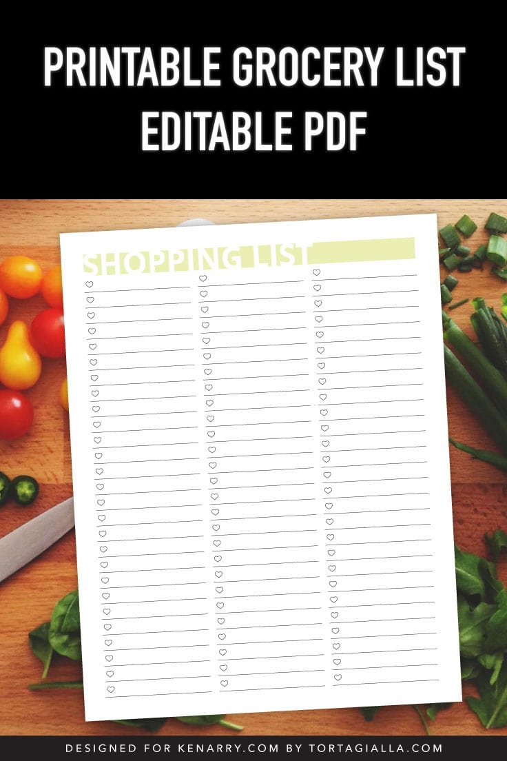 Preview of printable grocery list on top of cutting board image with variety of vegetables and knife. 