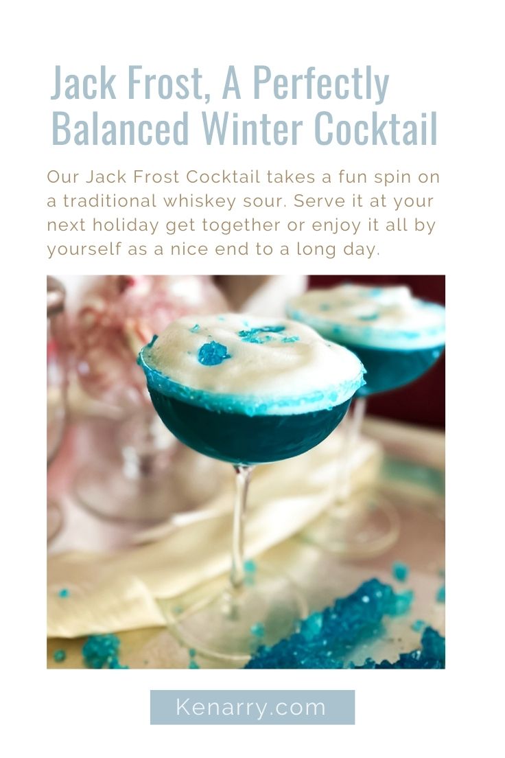 pin this image to save for later, jack frost cocktail ready to be served up at your next holiday gathering.