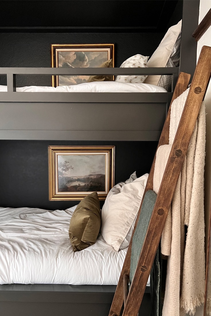 blanket ladder or bunk bed ladder, this diy solid wood ladder is ready for whatever it needs to be in our family guest room with built in bunk beds and a queen sized bed.