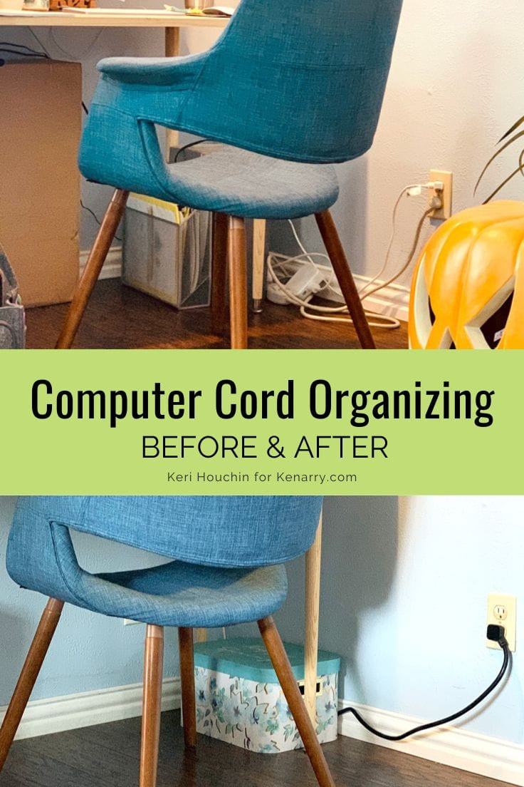 Computer cord organizing before and after.