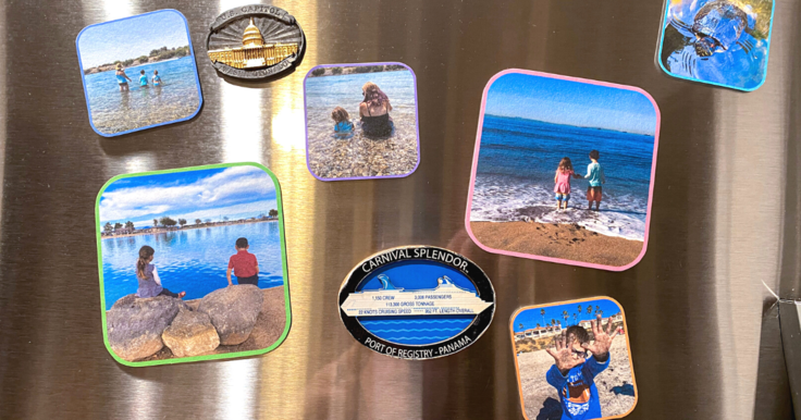 photo magnets of different sizes with colored borders next to a US capitol magnet and a carnival magnet