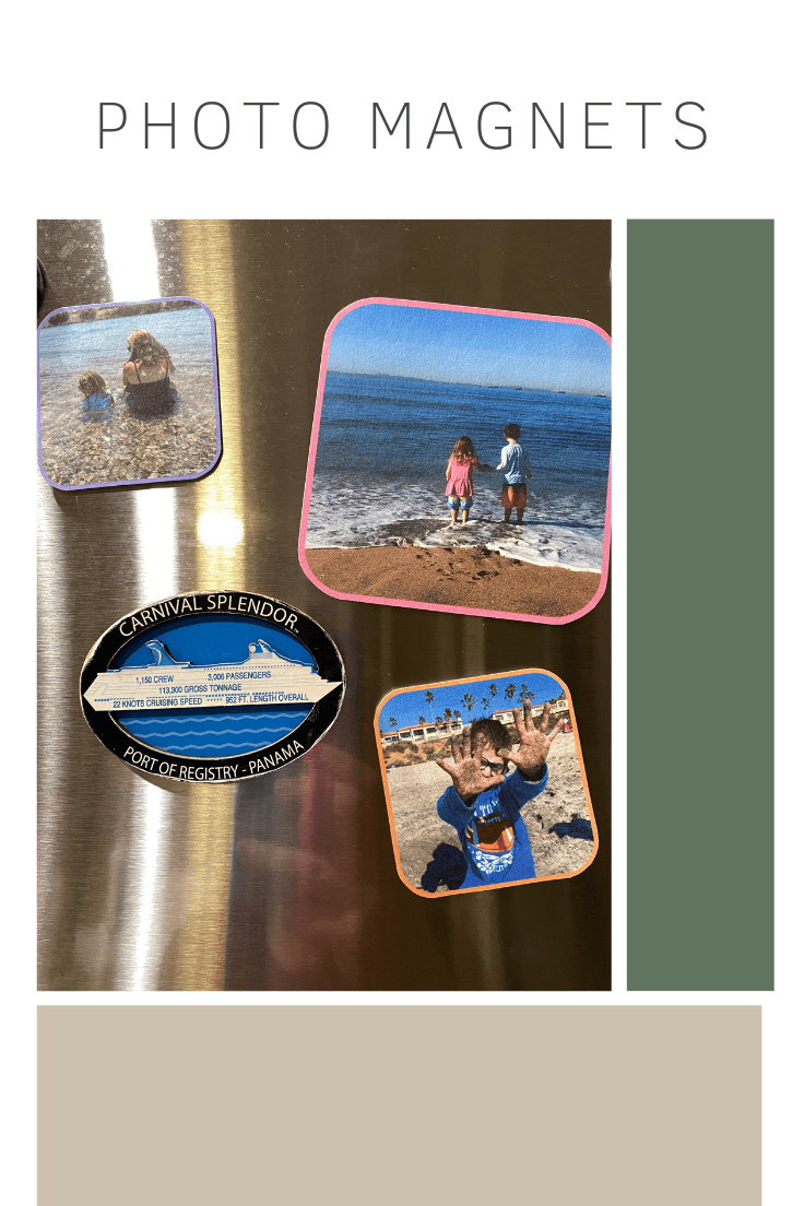 3 photo magnets with colored borders next to a carnival magnet.