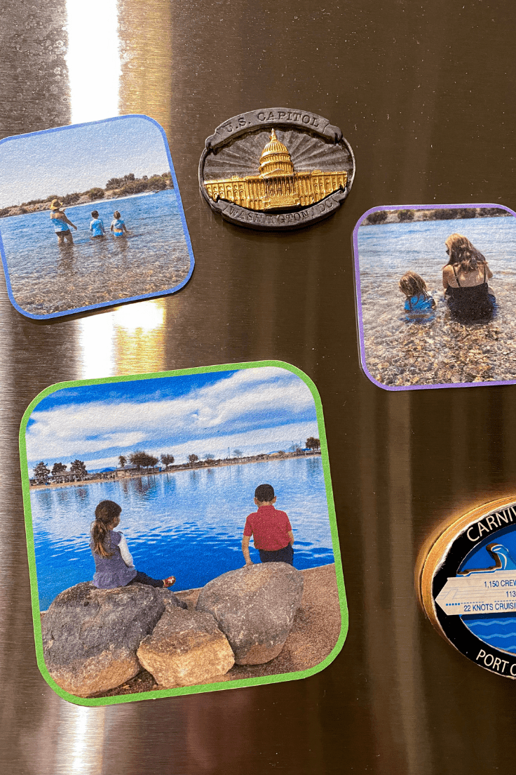 3 photo magnets with colored borders next to a US capitol magnet.
