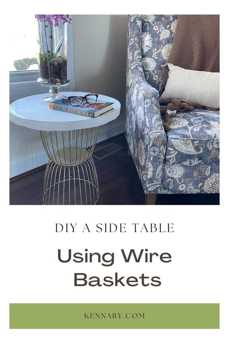 DIY side table made from wire baskets and a concrete top.