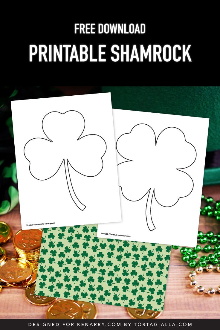 Preview of two shamrock shape template pages and a full color shamrock patterned paper on top of a St. Patricks day themed background with beads, coins and festive hats.
