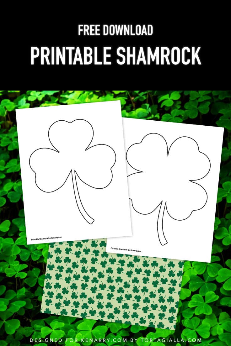 Preview of two shamrock shape template pages and a full color shamrock patterned paper on top of background of green shamrock leaves.