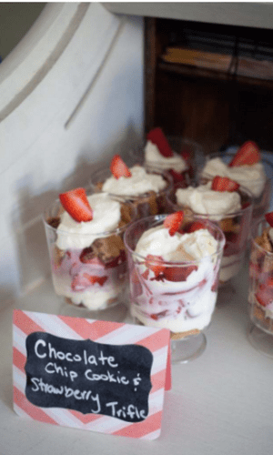 chocolate chip cookies and strawberry trifles in individual cups