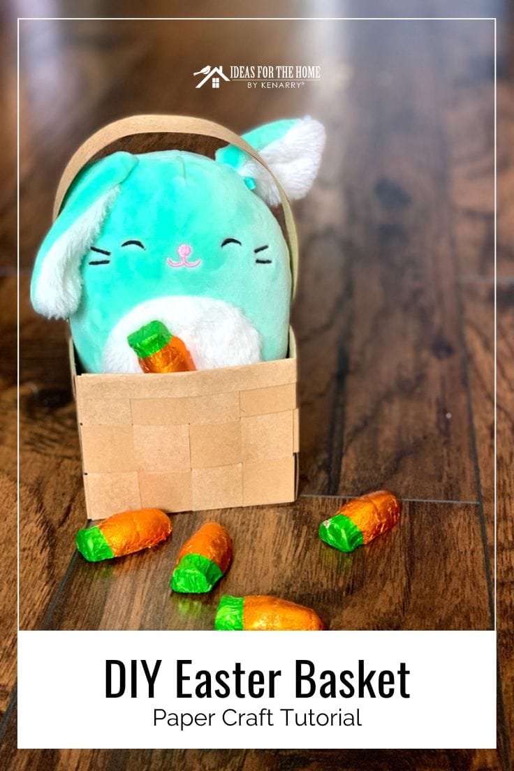 DIY Easter basket with a green Squishmallow bunny and chocolate candy carrots.