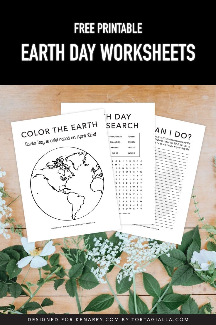 Preview of three earth day worksheet printables on top of wooden background with white flowers and green leaves at the bottom. 