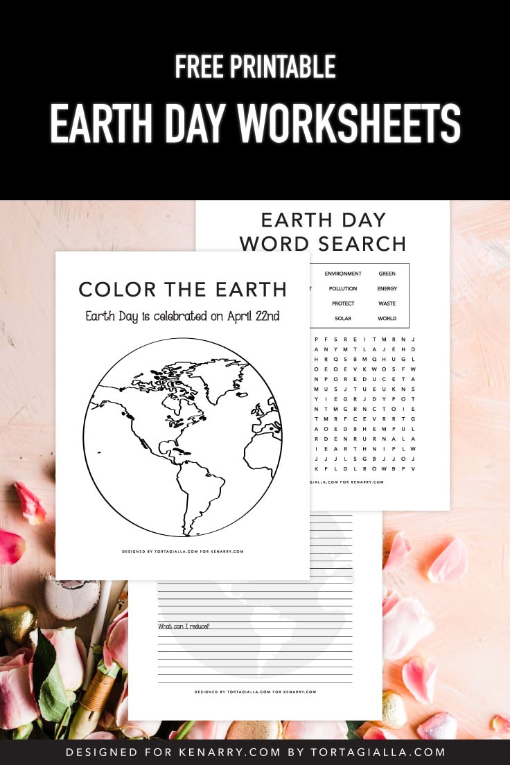 Preview of three earth day worksheet printables on top of pink background with rose flower petals at the bottom.