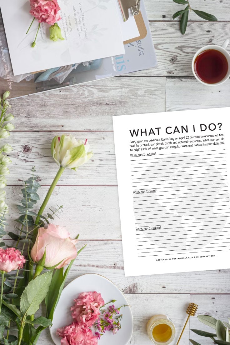 Preview of what can I do earth day worksheet printable with papers and notebooks on top left corner, cup of tea in top right corner and various flowers ont he lower half.