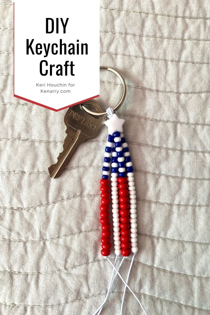 DIY keychain craft in red, white, and blue beads.