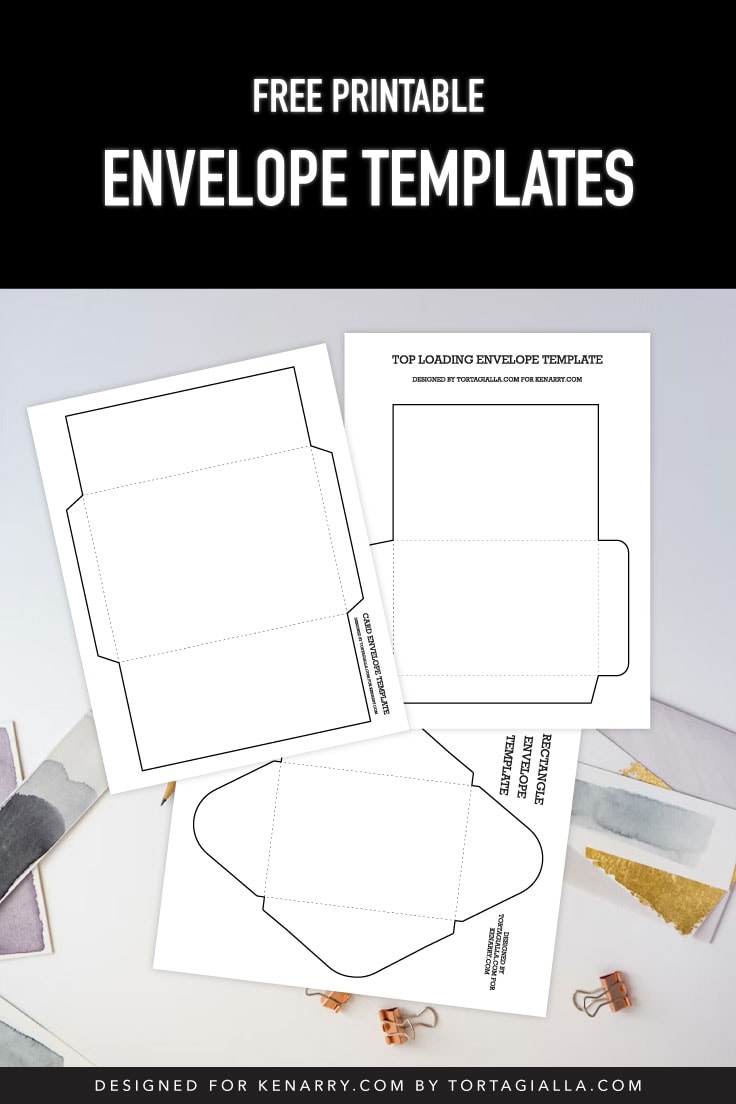 Preview of three envelope template pages on top of a white background desk area with painted paper tripes and stationery items.
