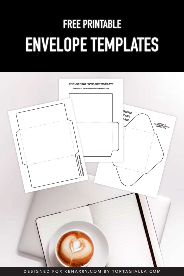 Preview of three envelope template pages on top of a white background desk area with laptop, open notebook and cup of latte on the bottom edge. 