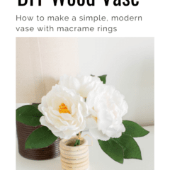A DIY Wood Vase made of macrame wood rings, sitting next to a wooden lamp