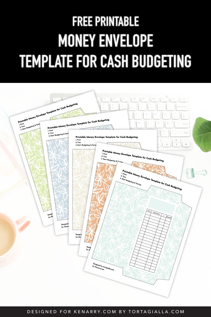 Preview of five printable money envelope templates on top of a white background with mac keyboard, plant leaf, clip and mug of coffee around edges.