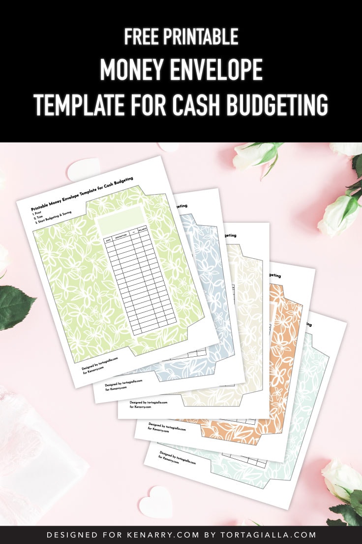 Preview of five printable money envelope templates on top of a pink background with white roses and heart decorations all around.