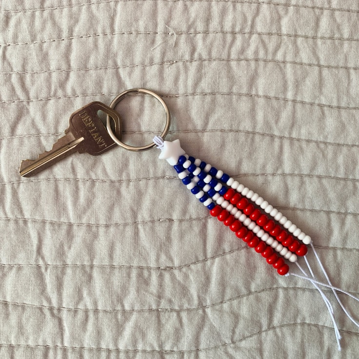 American flag keychain made from seed beads.