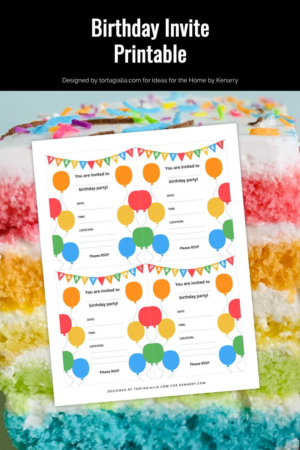 Preview of birthday party invite page on top of background with multi-layered rainbow cake slice in view. 