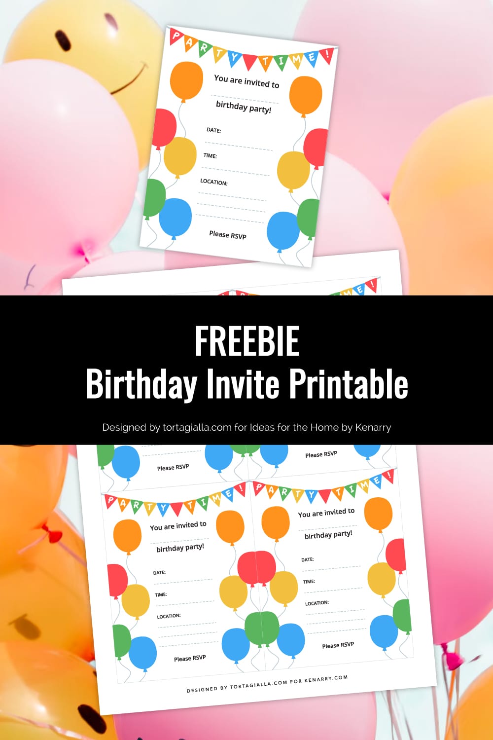 Preview of birthday party invite and printable page on top of orange and pink balloons background.