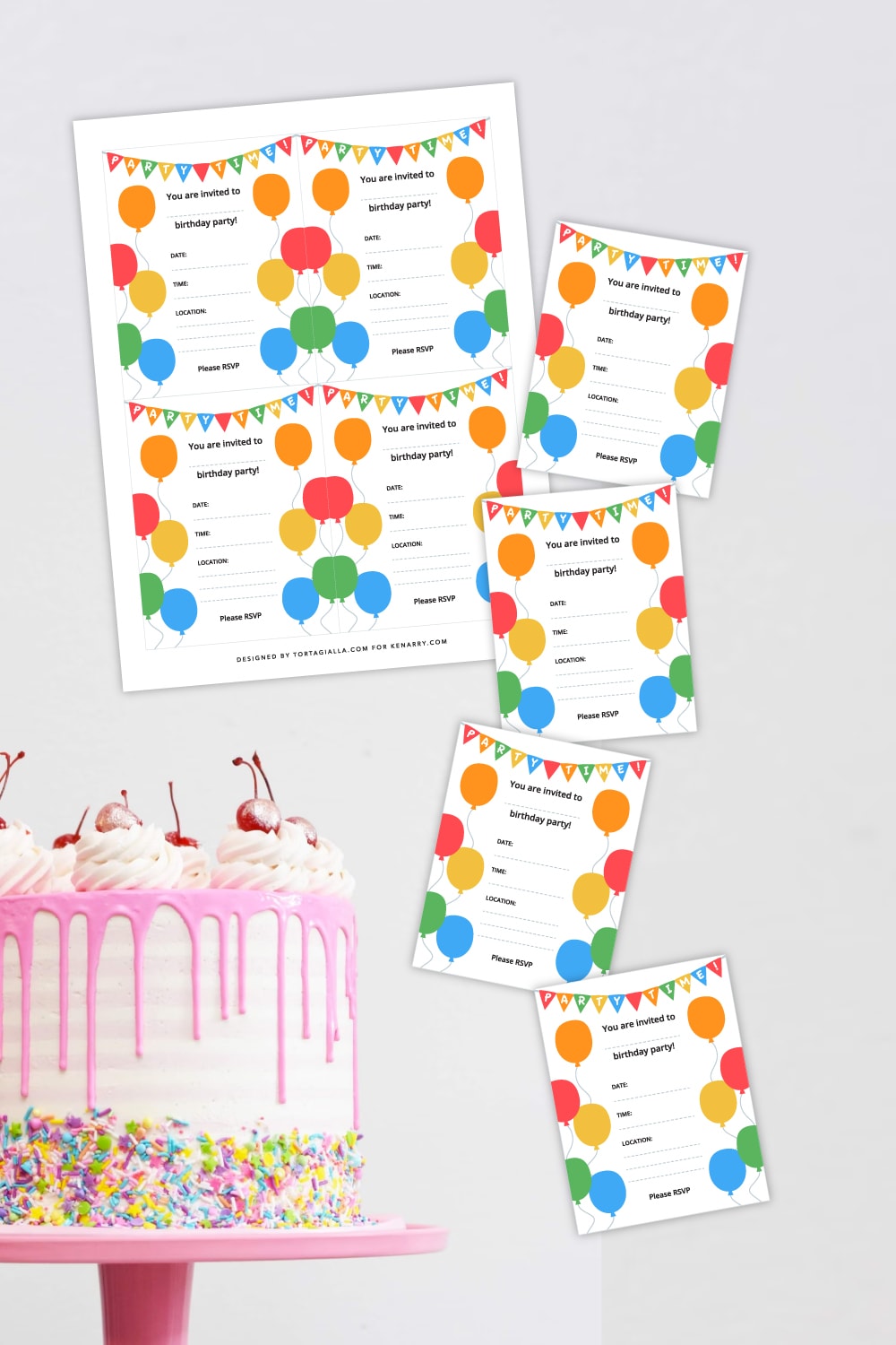 Preview of birthday party invite page and trimmed invitations on a white background with partial view on bottom left corner of a pink cake with cream, cherries and colorful sprinkles. 