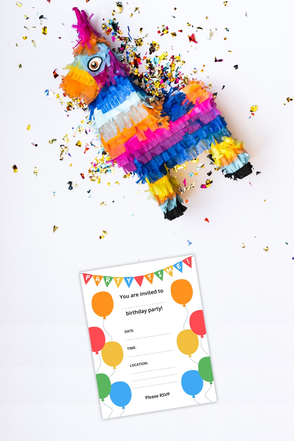 Preview of birthday party invite with colorful llama piñata on top half with shiny confetti scattered. 
