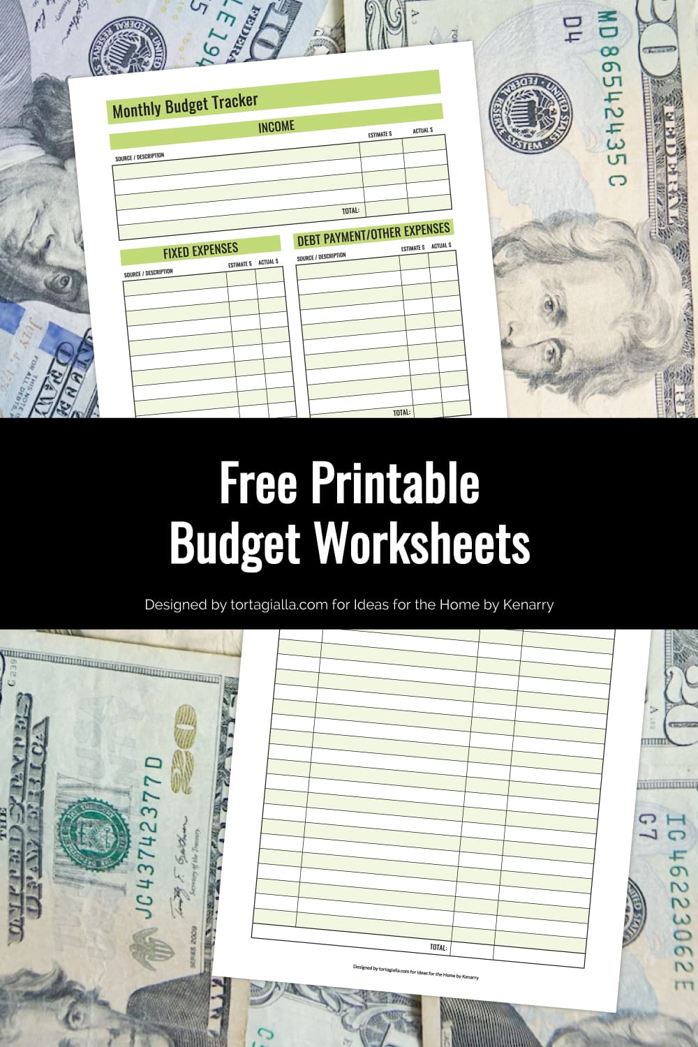Preview of monthly budget tracker and expenses worksheet printable on top of background with US dollar bills.