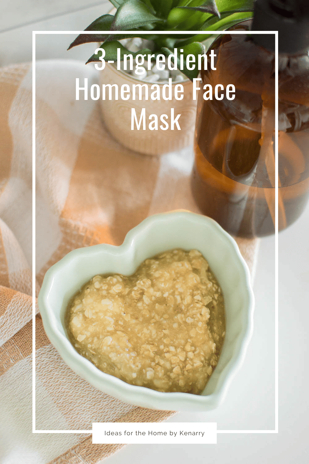 Bananas, oats, and honey mashed and mixed together to create a homemade face mask, in a heart-shaped bowl, sitting on a plaid tea towel