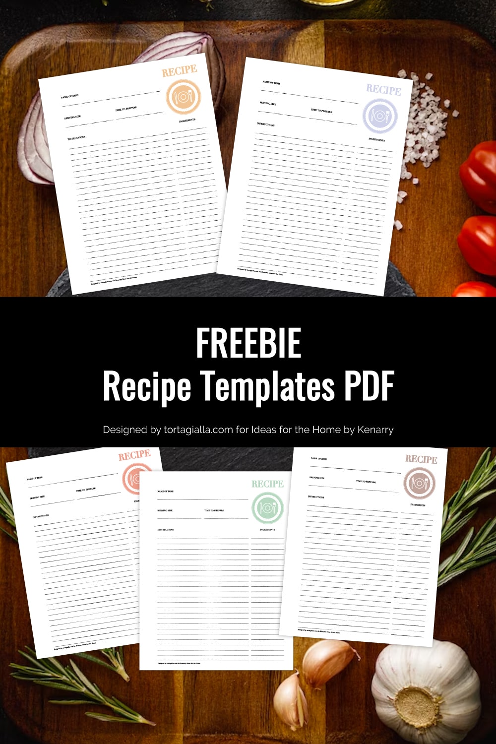 Preview of recipe template page in five colors on top of a kitchen wooden countertop with tomatoes, herbs, salt and various vegetables spread out. 
