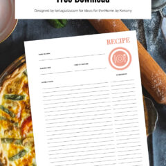 Preview of recipe template page above dark kitchen countertop with frittata dish and various kitchen tools throughout.