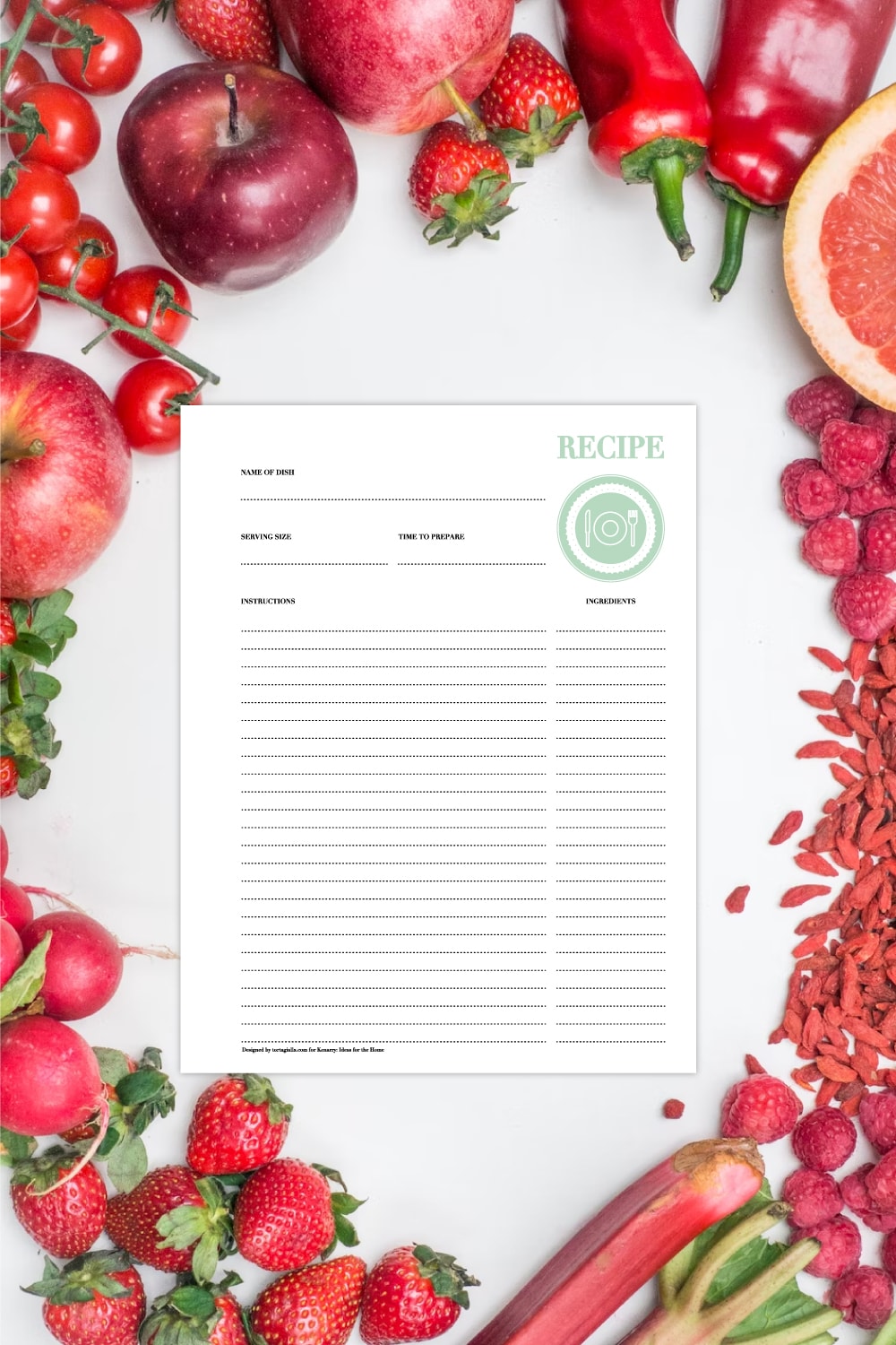 Preview of green recipe template page on white background with red fruits and vegetables creating a border all around.