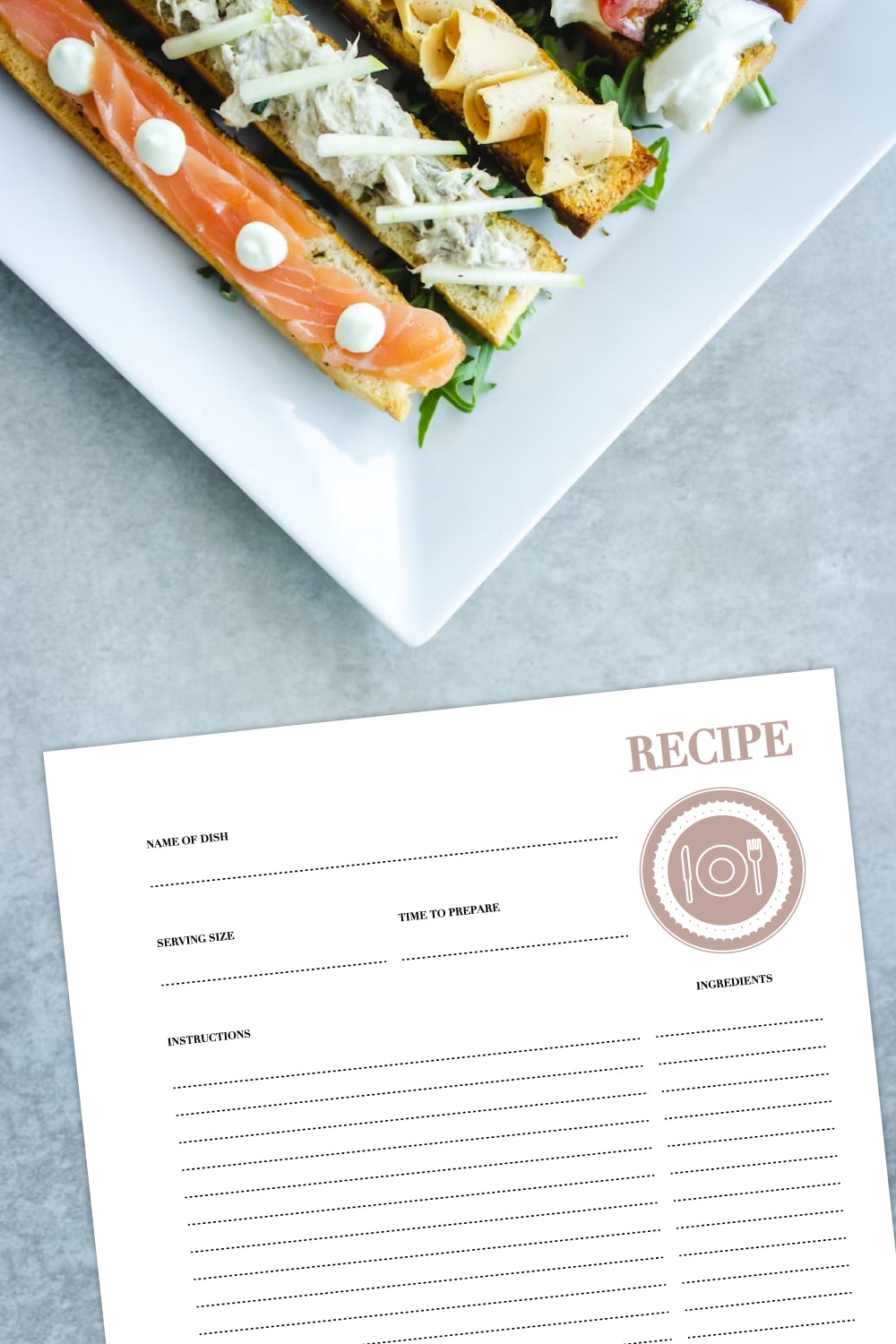 Preview of brown recipe template page with dish of appetizers on the top portion.