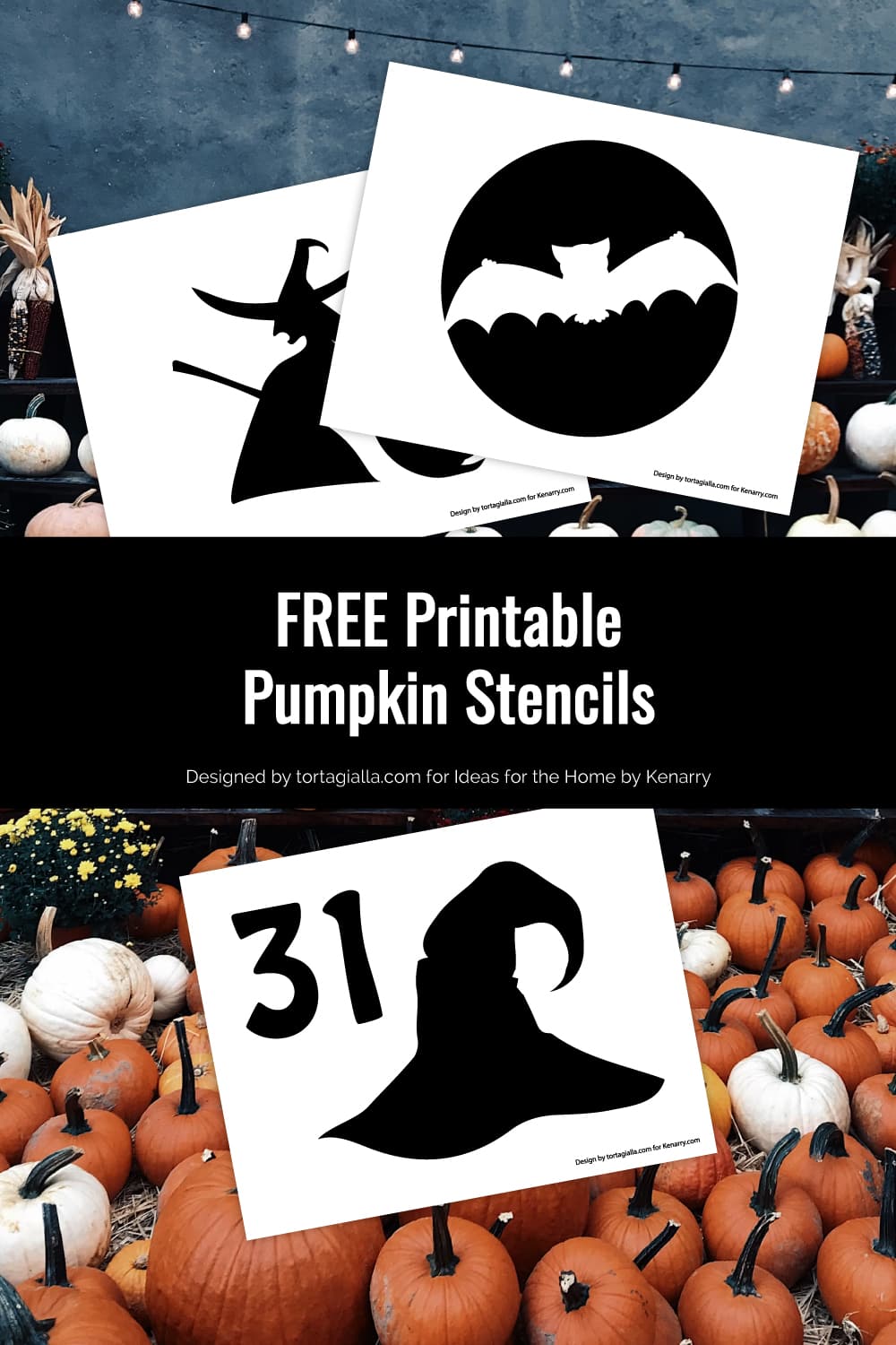 Preview of three pumpkin stencil printable pages on top of autumn background with lots of orange and white pumpkins throughout scenery background. 