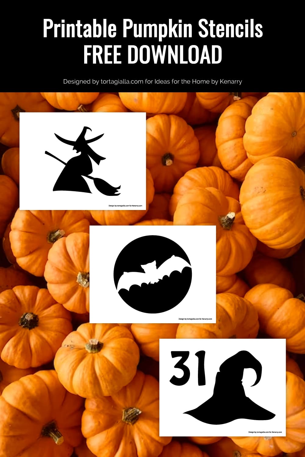 Preview of three pumpkin stencil printable pages on top of bunch of little orange pumpkins in background.